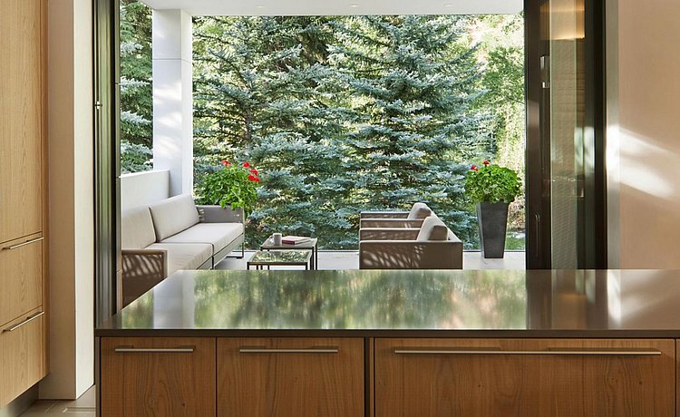 Structure Natural Oak for base cabinets and tall elevation overlooking the Roaring Fork River in Aspen Colorado